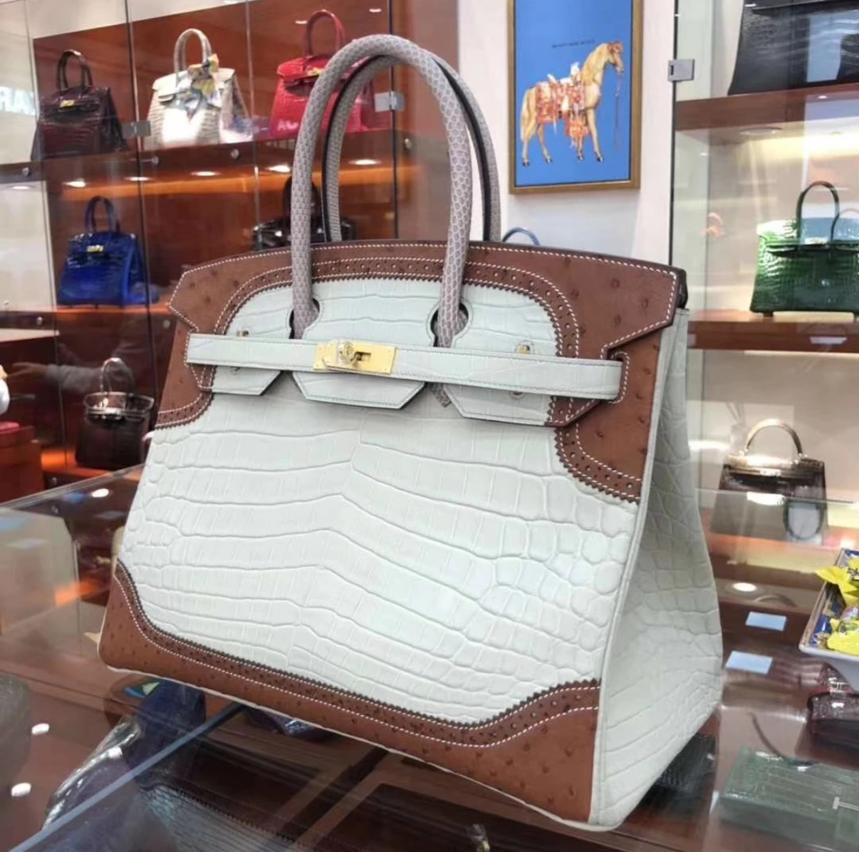Birkin 25-35 crocodile and ostrich leather accents gold hardware custom - Artisantouchss