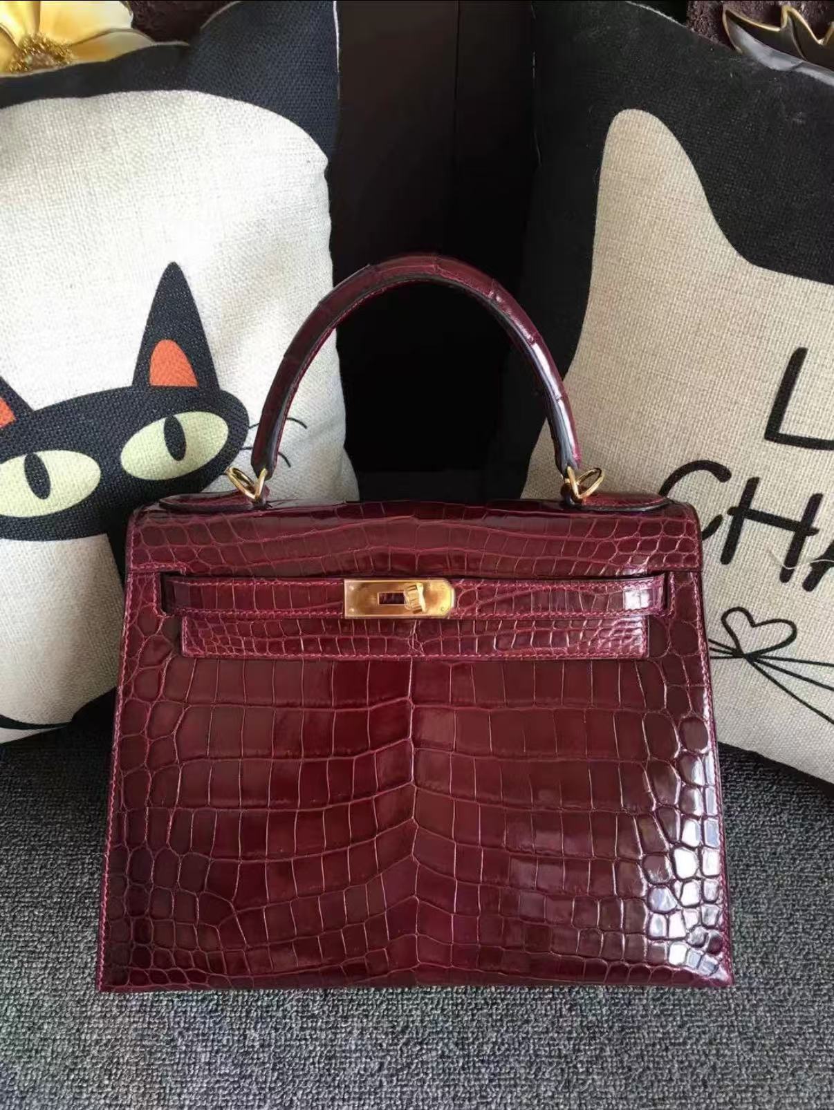 Kelly 25-28 Bordeaux red crocodile leather Custom - Artisantouchss