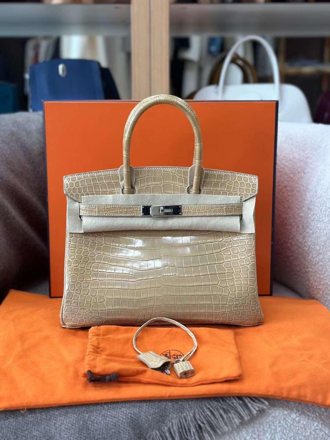 beige silver buckle shiny inverted V crocodile birkin 25-30CM - Artisantouchss