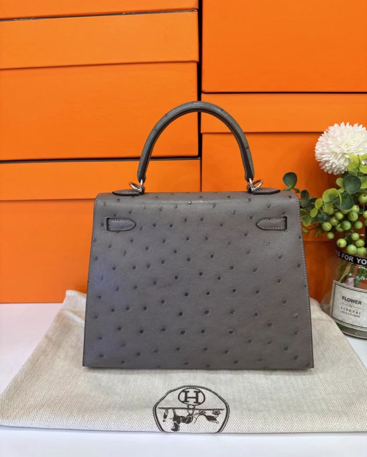 Kelly 25-28 Nimbus Grey Ostrich Leather - Artisantouchss