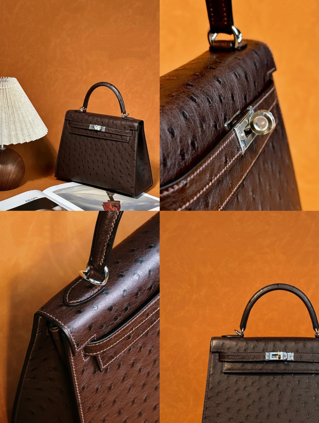 Kelly 28 Ostrich Leather Brown Silver Buckle Custom - Artisantouchss