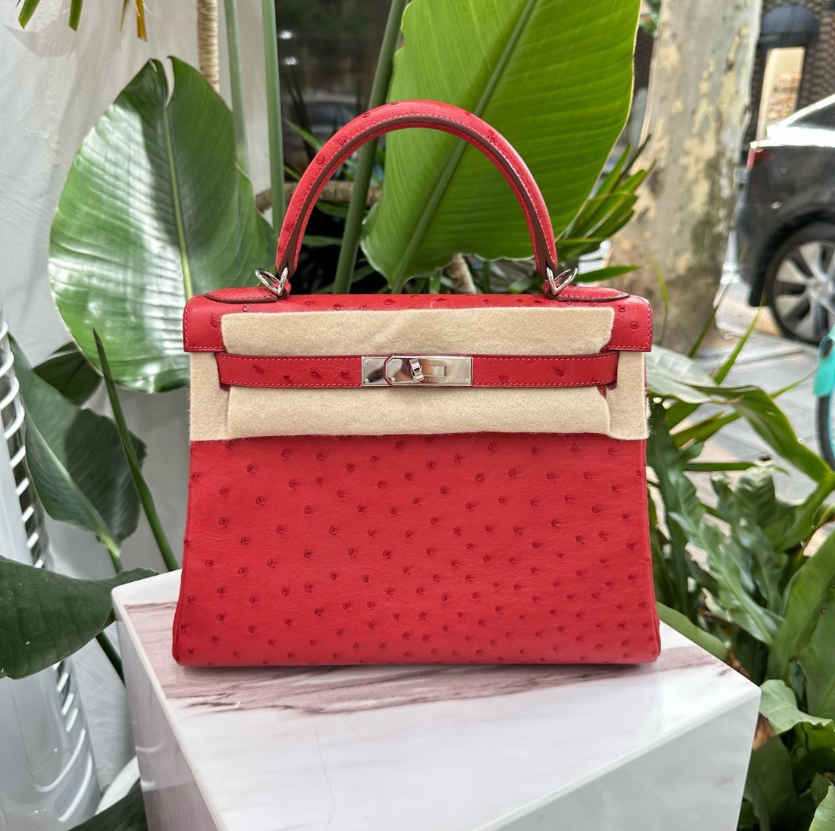 Strawberry Red Kelly 28 Ostrich Leather Gold Buckle Customizable - Artisantouchss