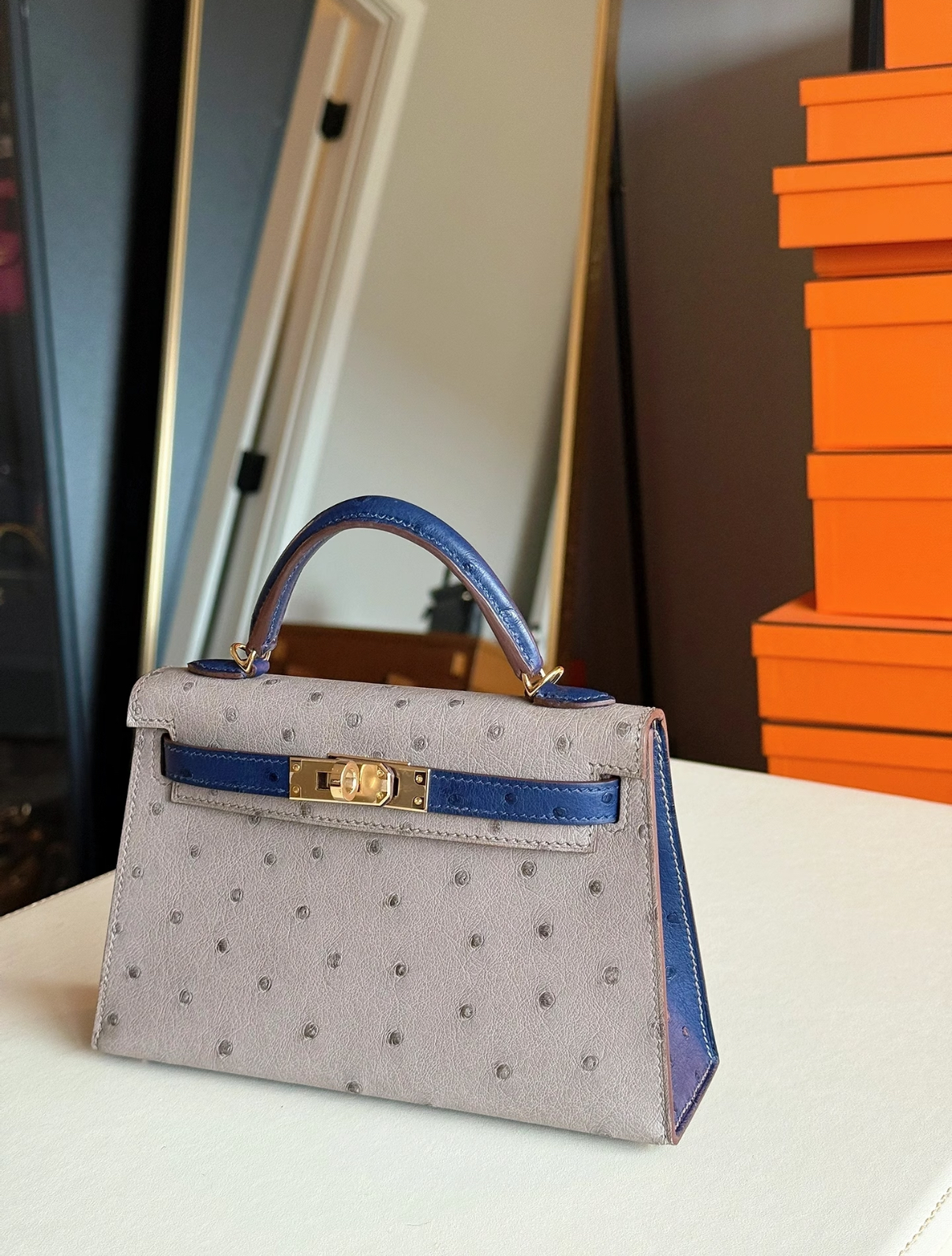 Mini Kelly 19 Dove Grey Iris Blue Ostrich Leather Customizable - Artisantouchss