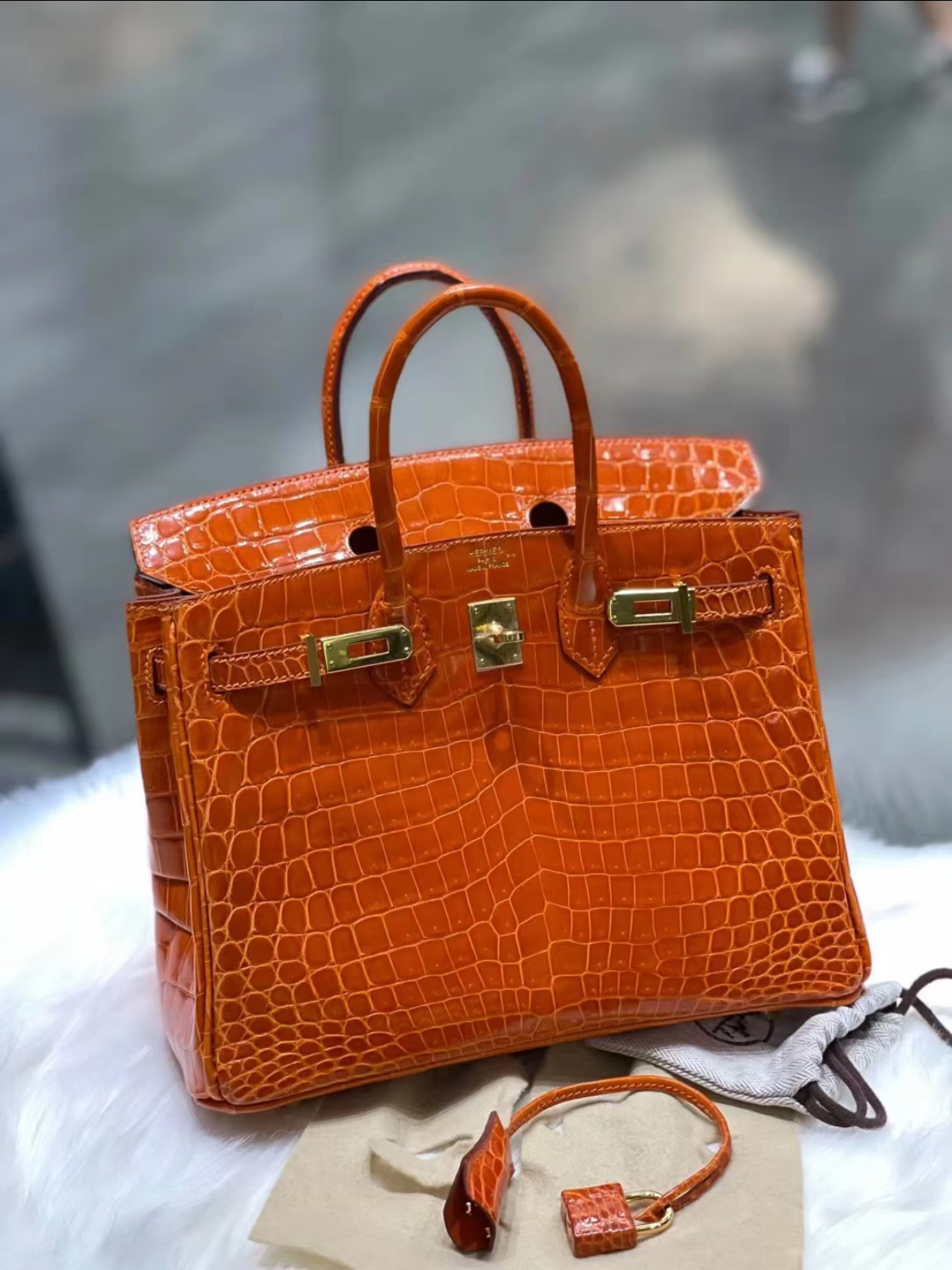Birkin 25-35 orange glossy crocodile leather custom - Artisantouchss
