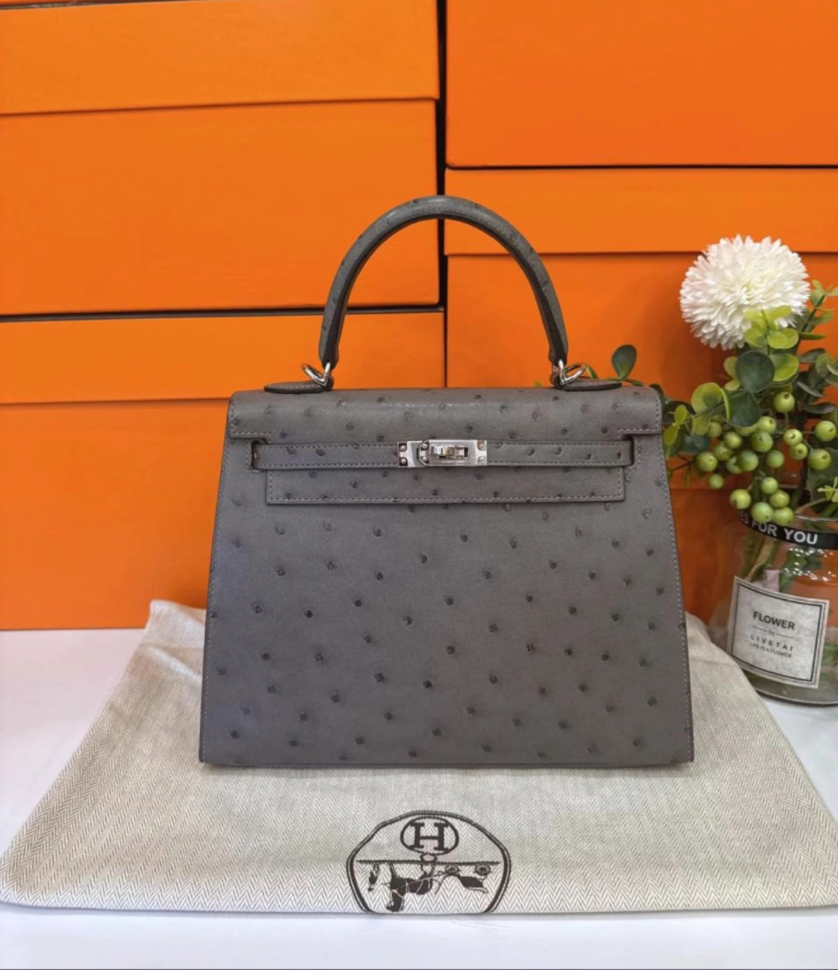 Kelly 25-28 Nimbus Grey Ostrich Leather - Artisantouchss