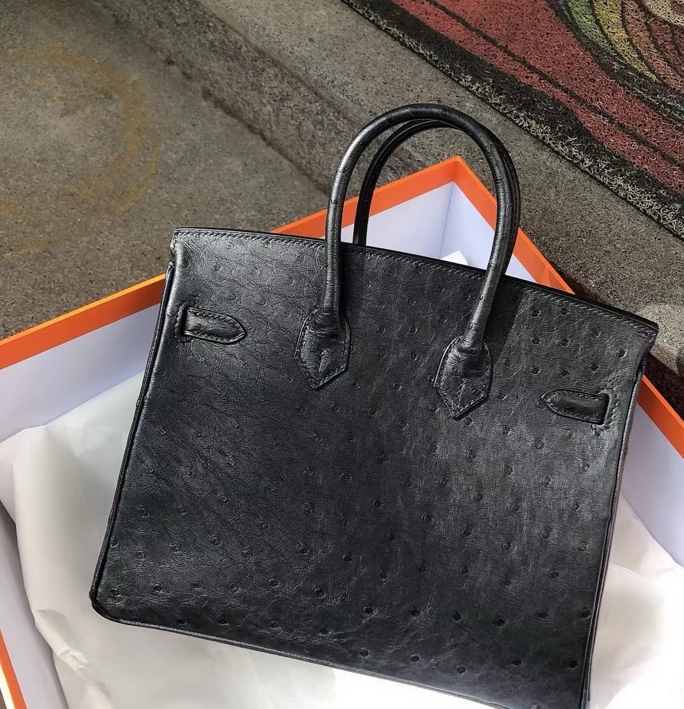 Birkin 25-35 Black Ostrich Leather with Black Buckle - Artisantouchss