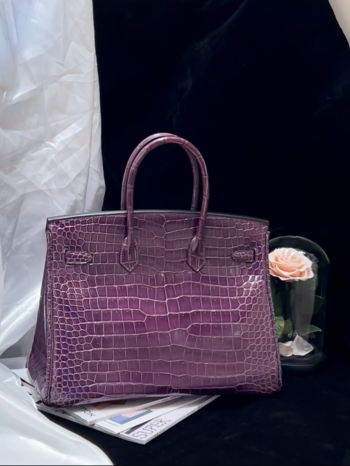 Birkin 25-35 inverted V shiny crocodile grape purple silver buckle - Artisantouchss