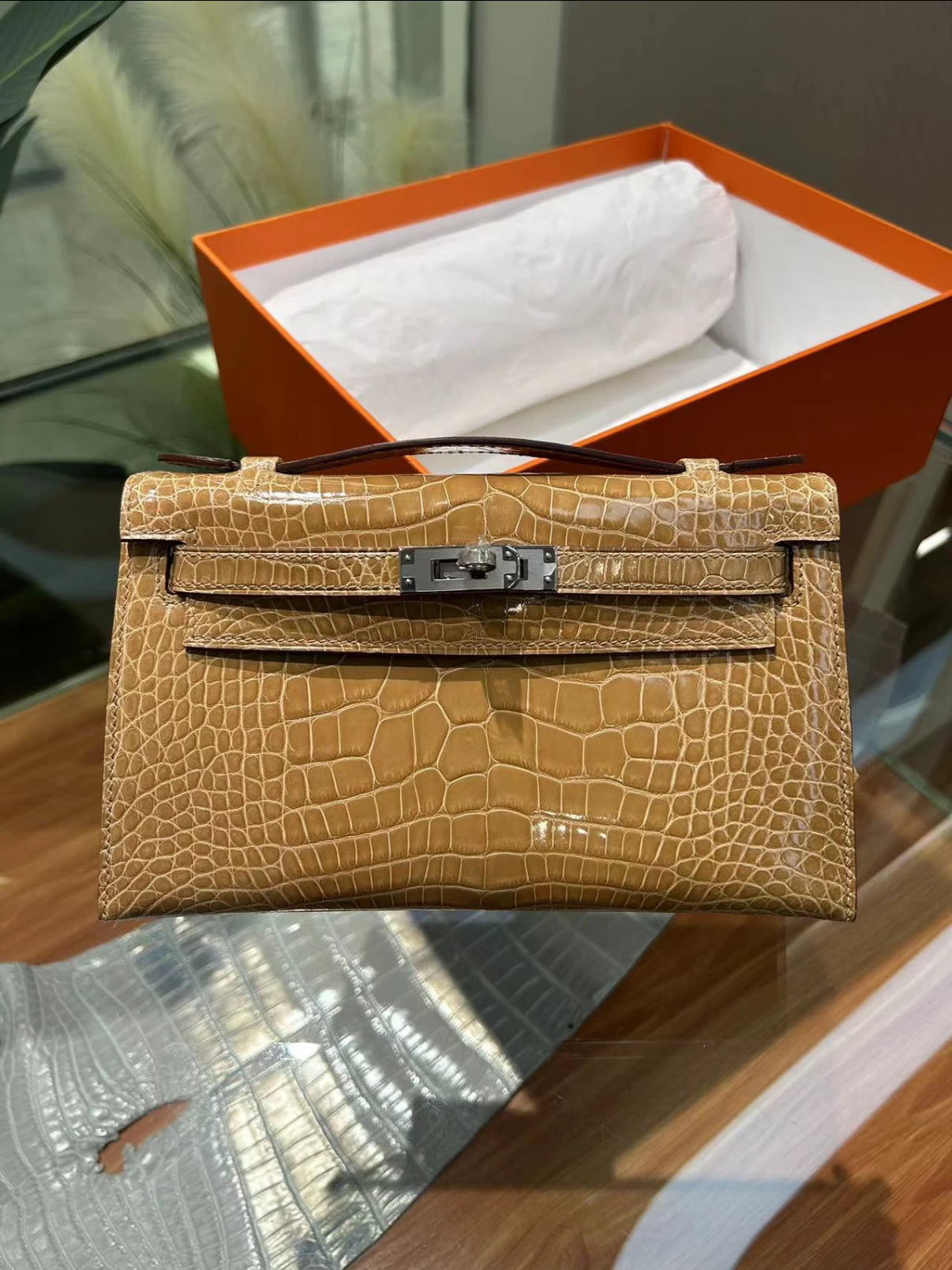 Kelly mini 1,ginger yellow glossy crocodile leather silver hardware custom - Artisantouchss