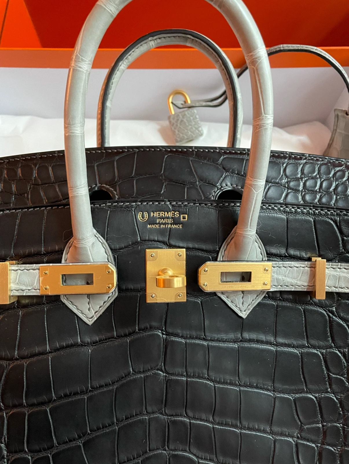 Birkin 25 black white crocodile leather Customized - Artisantouchss