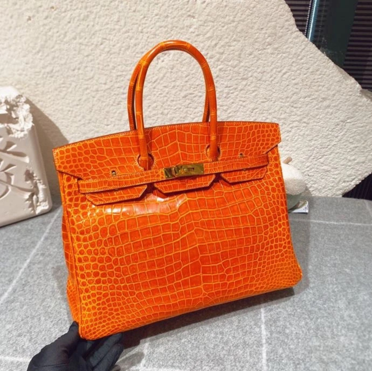Birkin 25-35 orange glossy crocodile leather custom - Artisantouchss