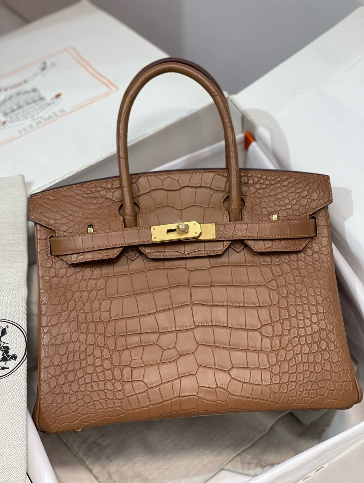 Birkin 25-30 Golden Brown Matte American crocodile leather - Artisantouchss