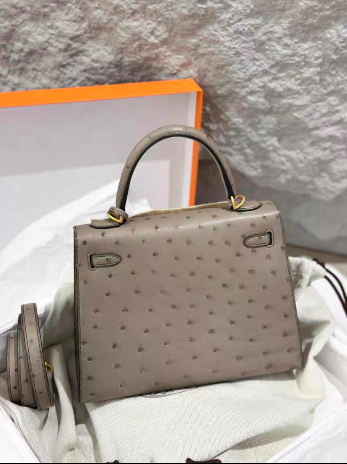 Kelly 25-28 Galaxy Grey gold buckle ostrich leather - Artisantouchss