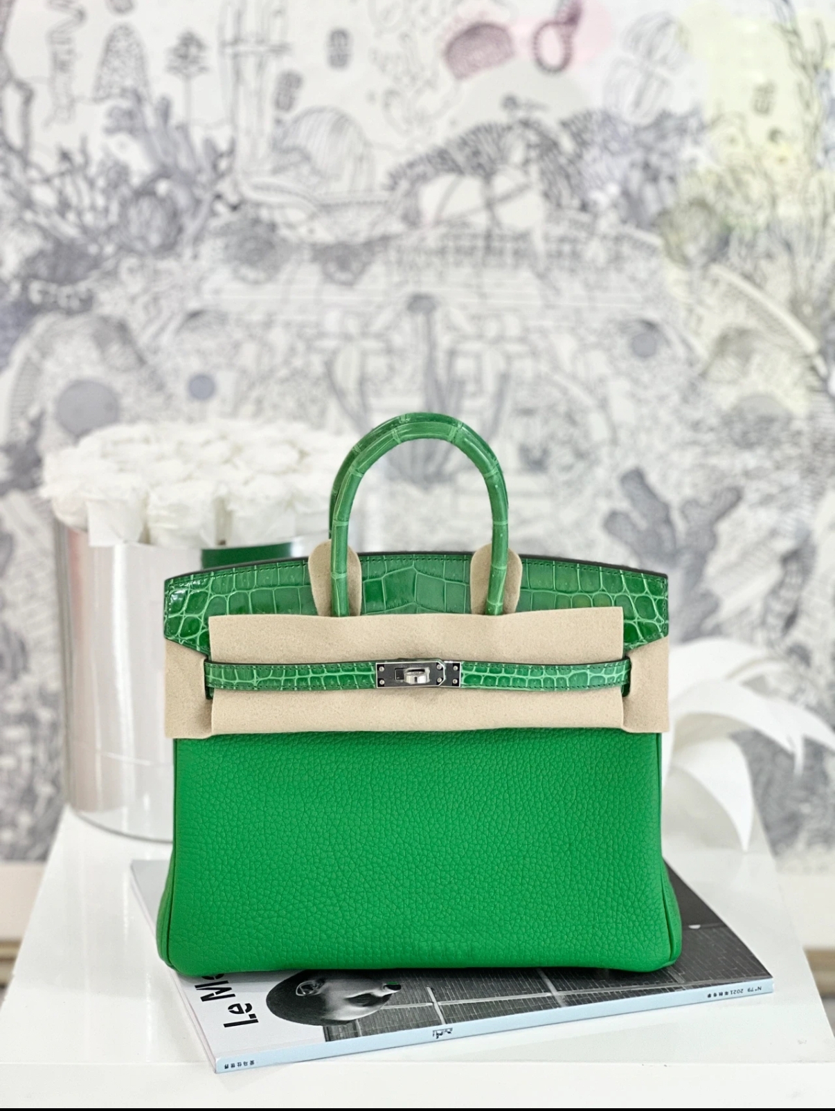 Birkin Bamboo Green TOGO Patchwork Crocodile Leather Custom - Artisantouchss