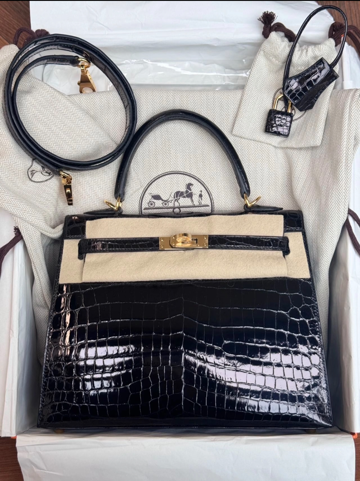 Kelly 28-32 Black Gold Buckle Crocodile Leather Custom - Artisantouchss