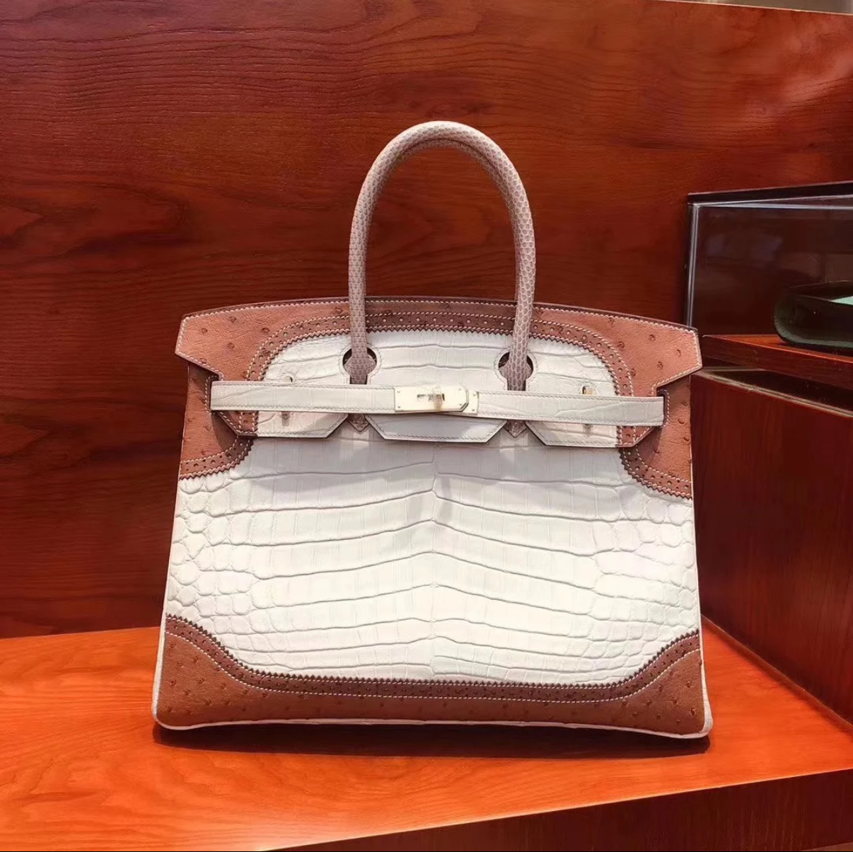 Birkin 25-35 crocodile and ostrich leather accents silver hardware custom - Artisantouchss