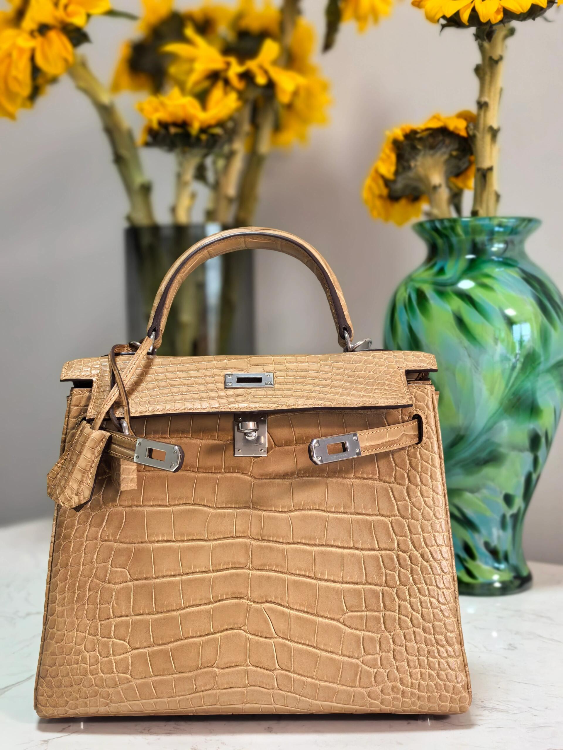 Kelly25-30 milk tea color silver buckle American crocodile leather - Artisantouchss