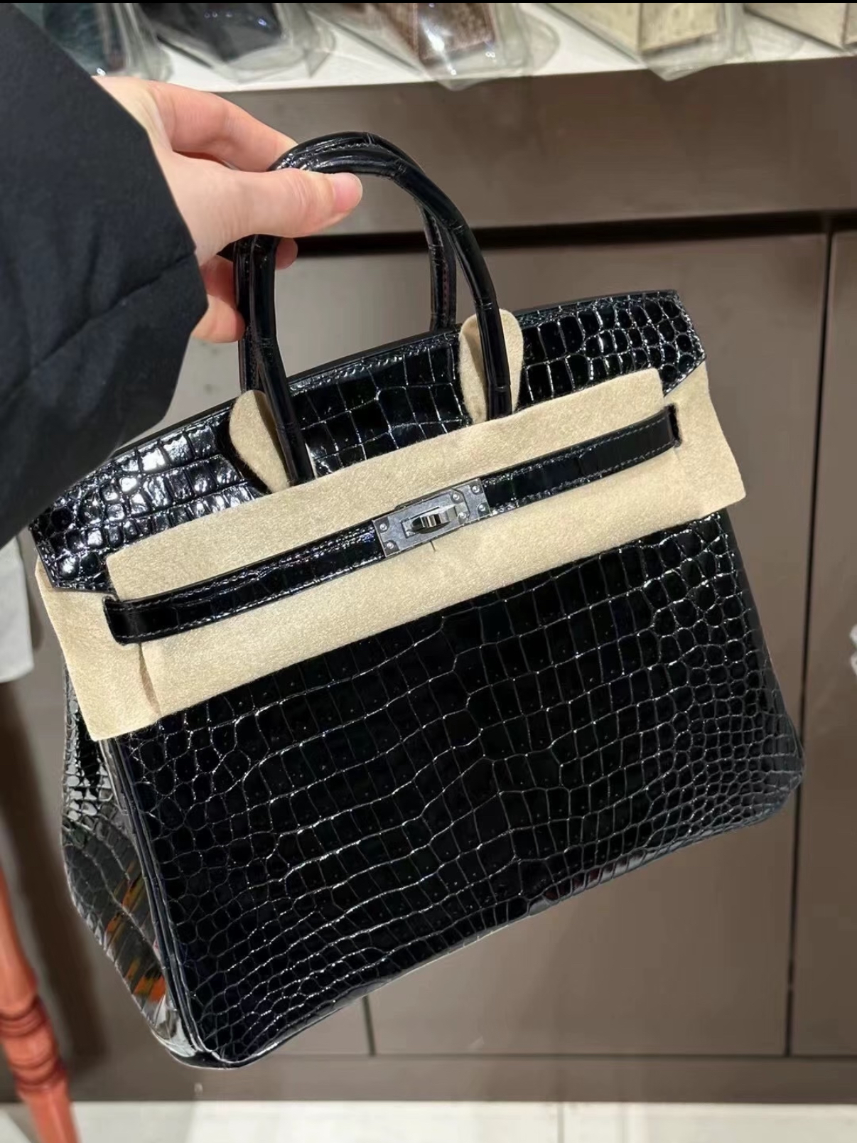 Kelly black, 32 glossy crocodile leather custom - Artisantouchss