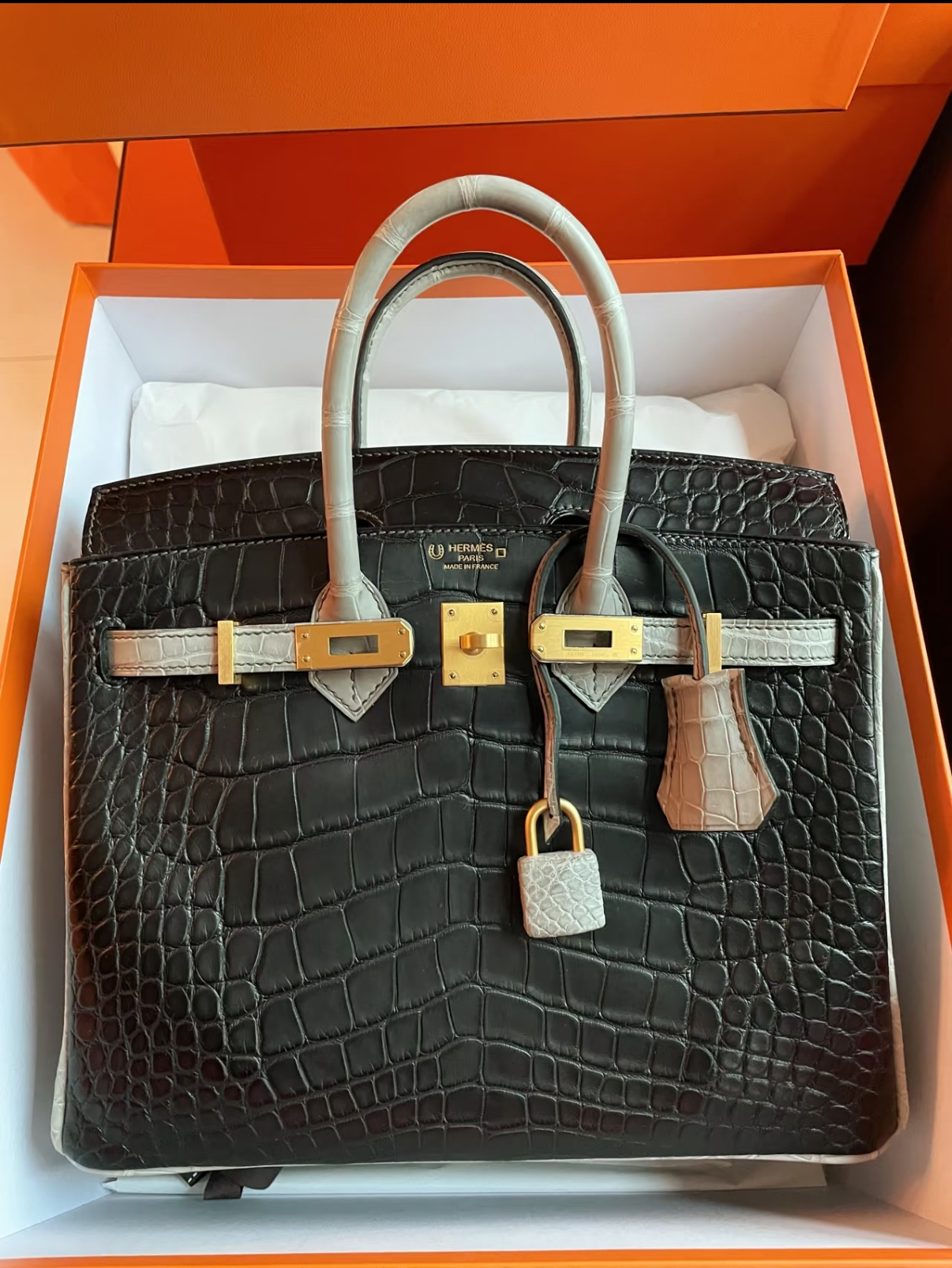 Birkin 25 black white crocodile leather Customized - Artisantouchss