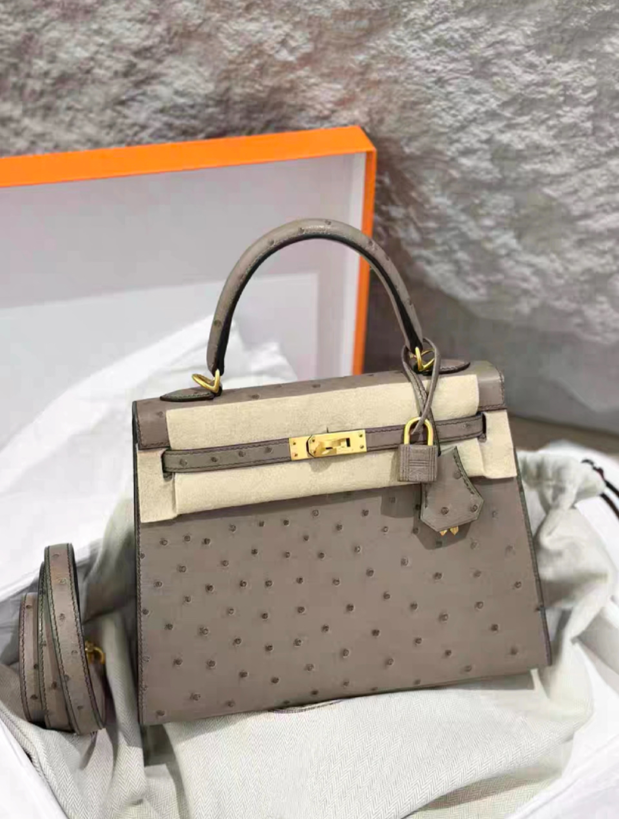 Kelly 25-28 Galaxy Grey gold buckle ostrich leather - Artisantouchss