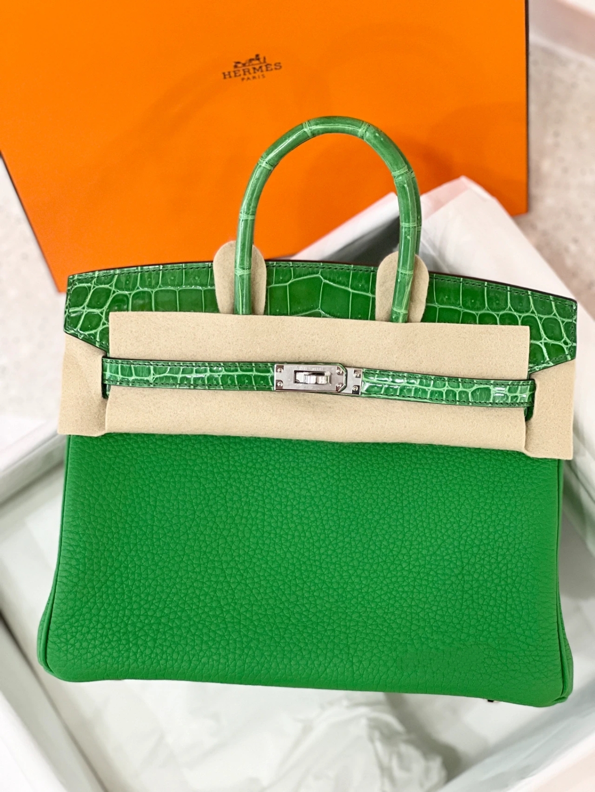Birkin Bamboo Green TOGO Patchwork Crocodile Leather Custom - Artisantouchss