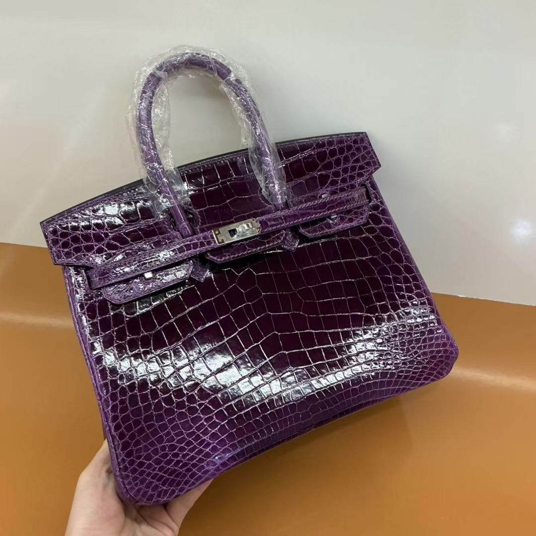 Birkin 25-35 Purple Silver Buckle crocodile leather Custom - Artisantouchss