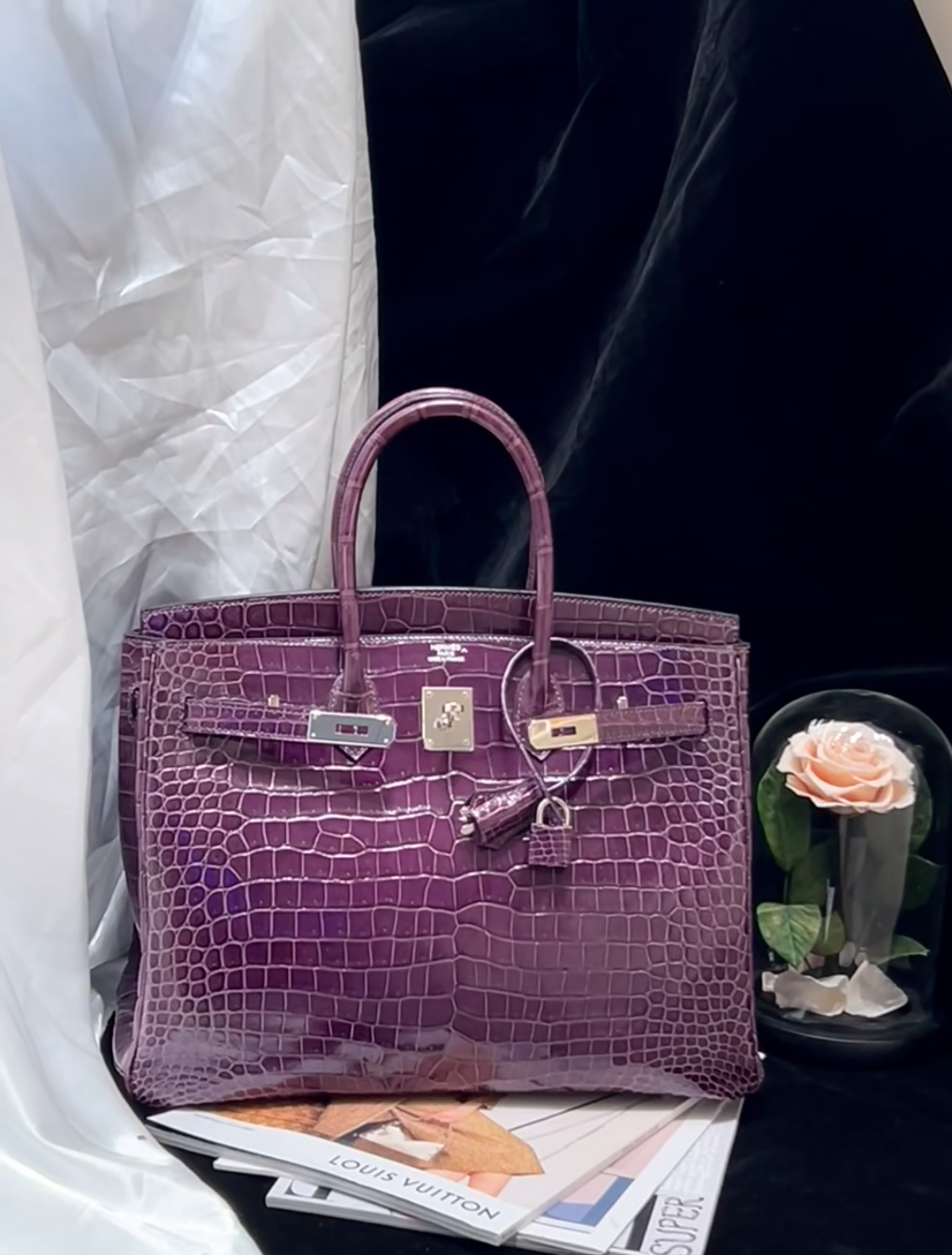 Birkin 25-35 inverted V shiny crocodile grape purple silver buckle - Artisantouchss