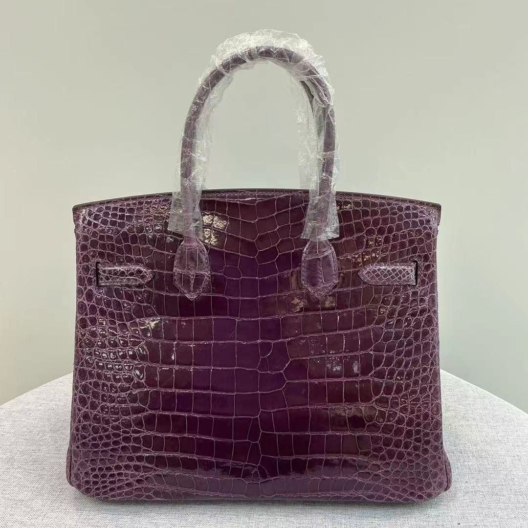Birkin 25-35 inverted V shiny crocodile grape purple Gold buckle - Artisantouchss