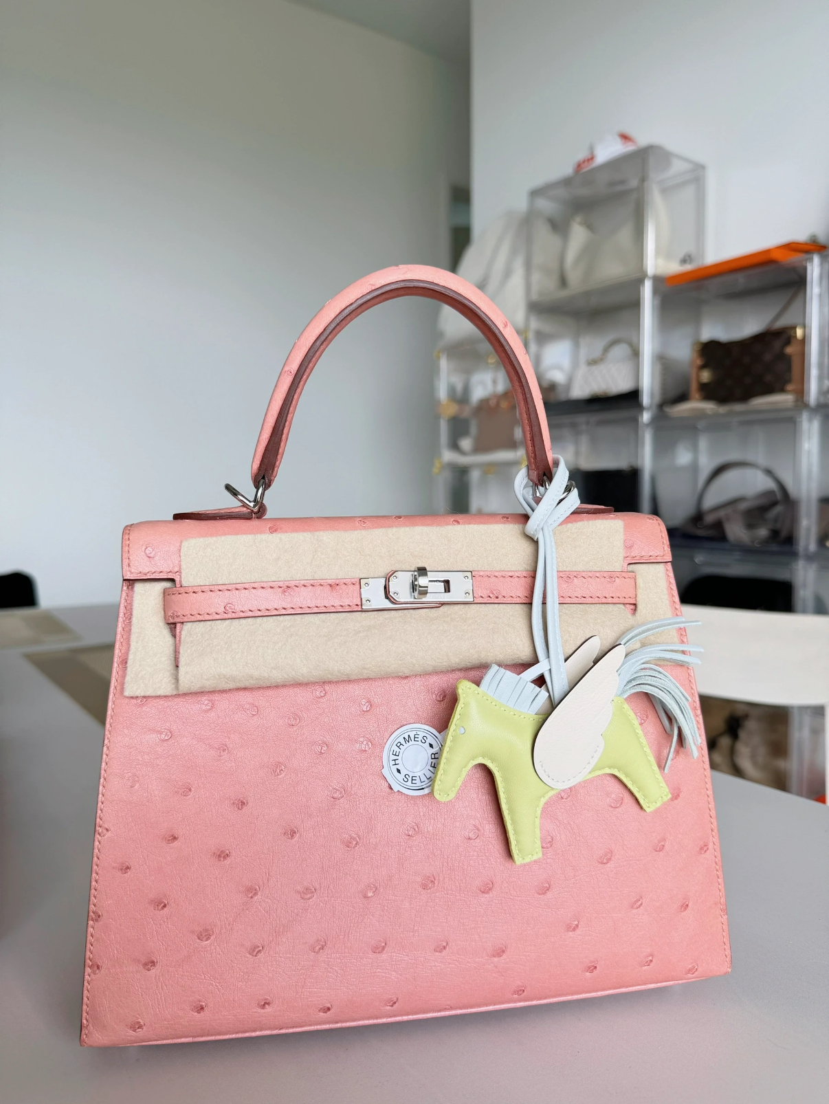 Kelly 25-28 Ceramic Pink Ostrich Leather Custom Silver buckle - Artisantouchss