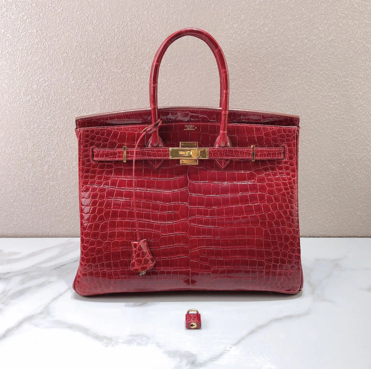 Birkin 35 inverted V red hand-made custom crocodile leather - Artisantouchss