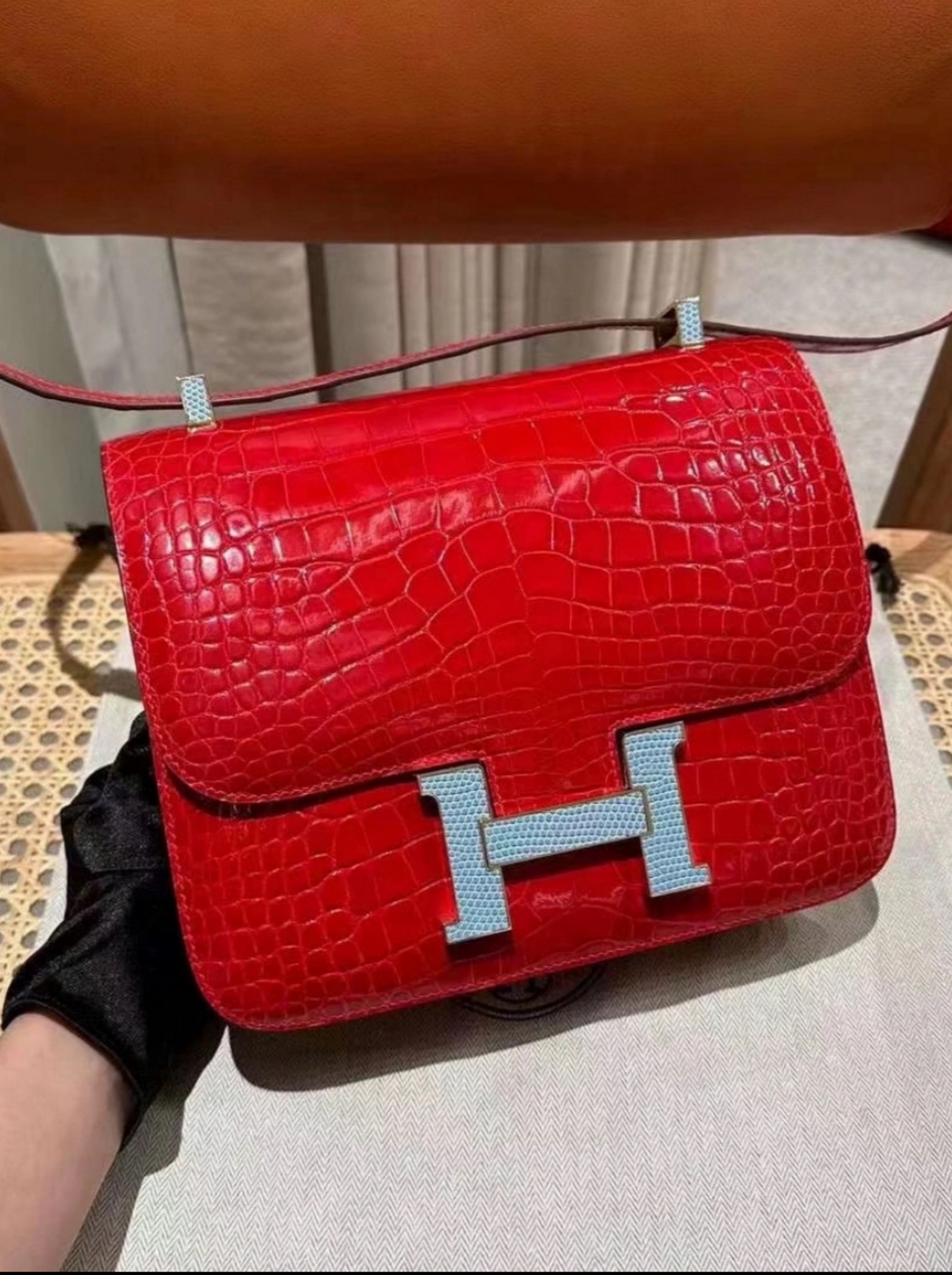 Constance 19 gold buckle Ferrari red American alligator leather pure handmade custom - Artisantouchss