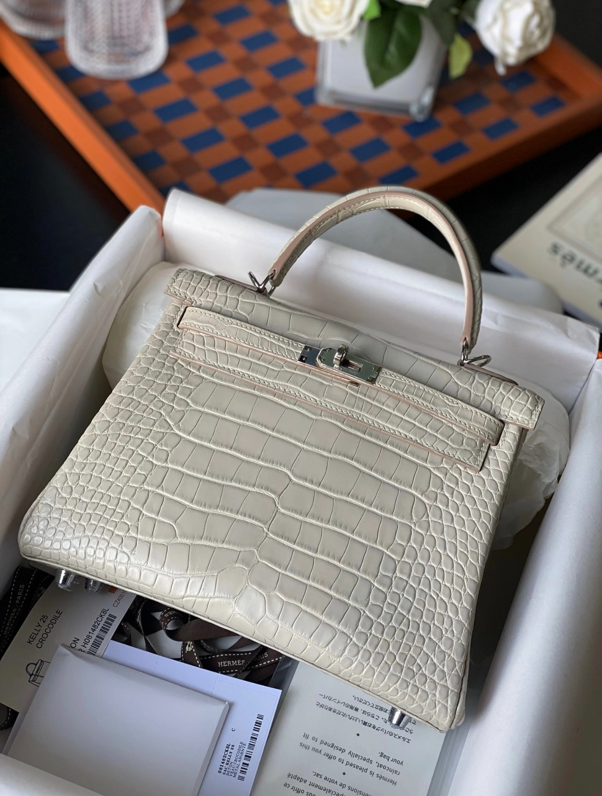 Kelly 25-28 Glacier White Matte Crocodile Leather Custom - Artisantouchss