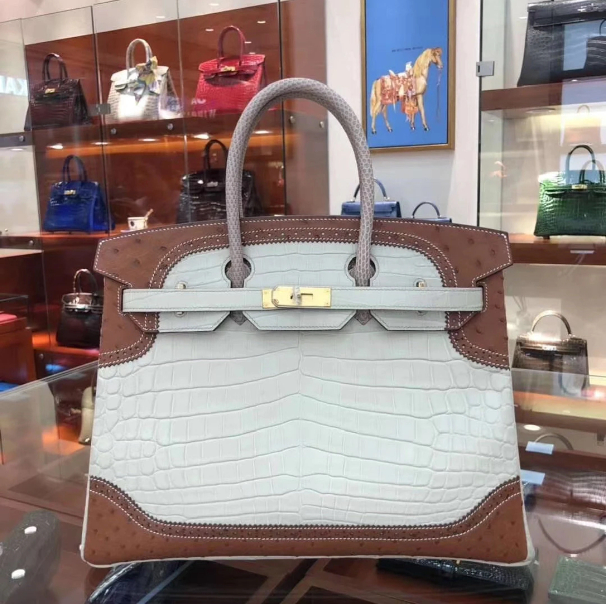 Birkin 25-35 crocodile and ostrich leather accents gold hardware custom - Artisantouchss