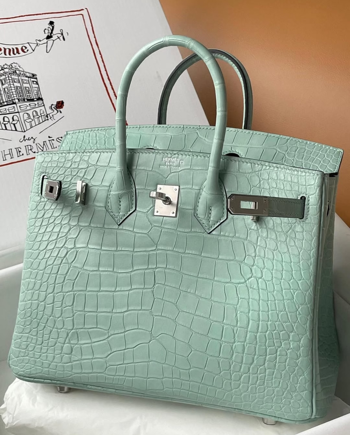 Birkin 25-30 mint green matte crocodile leather - Artisantouchss