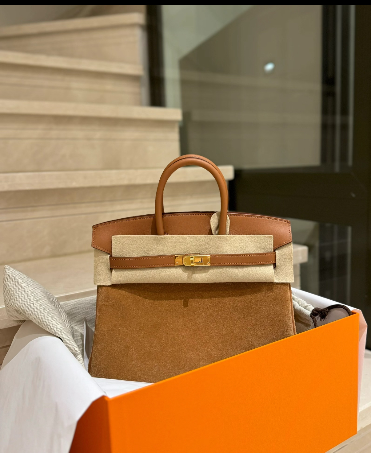 Birkin 25-35  brown suede leather custom - Artisantouchss