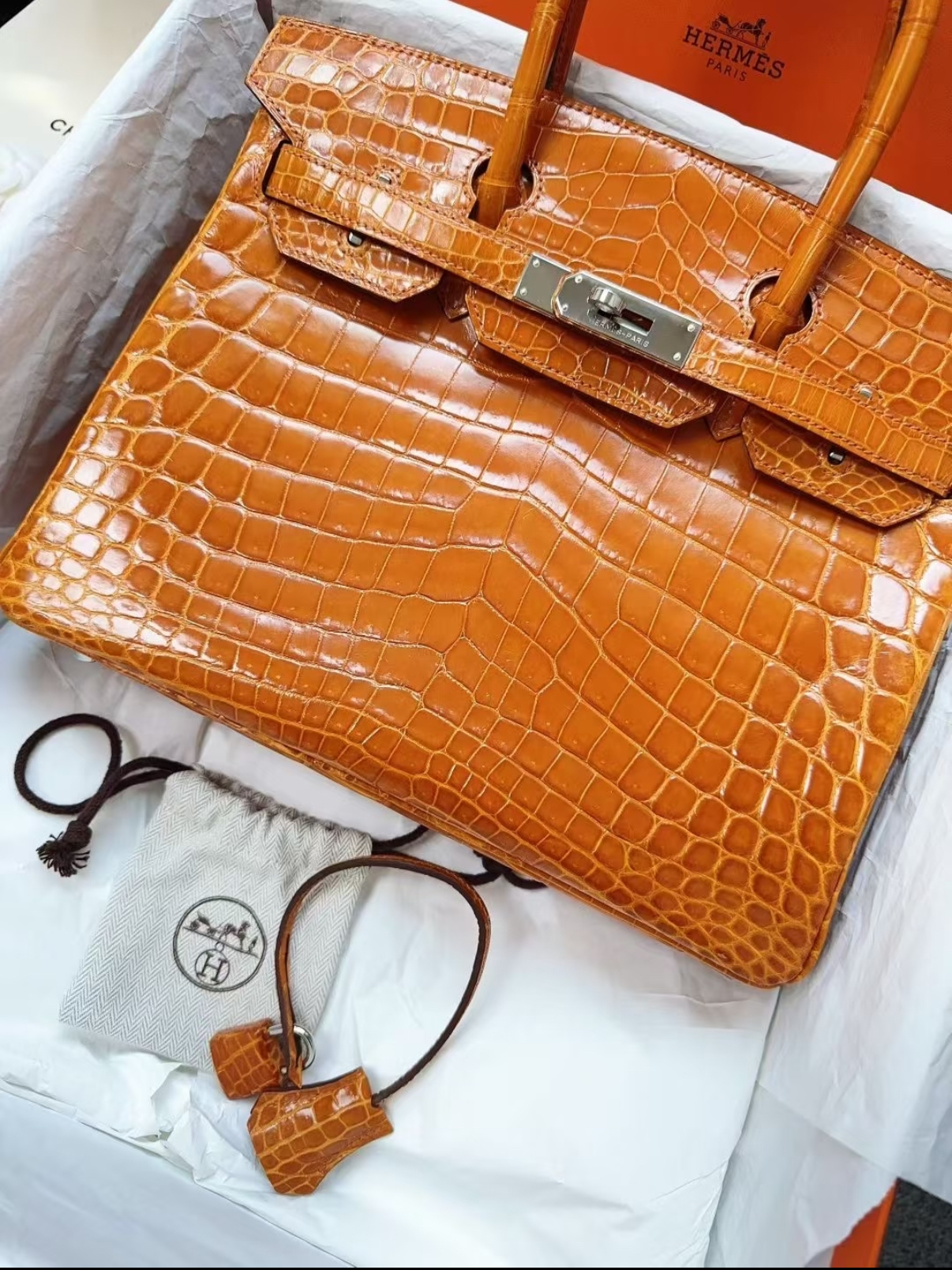 Birkin 25-30 Ginger Shiny Crocodile Leather - Artisantouchss