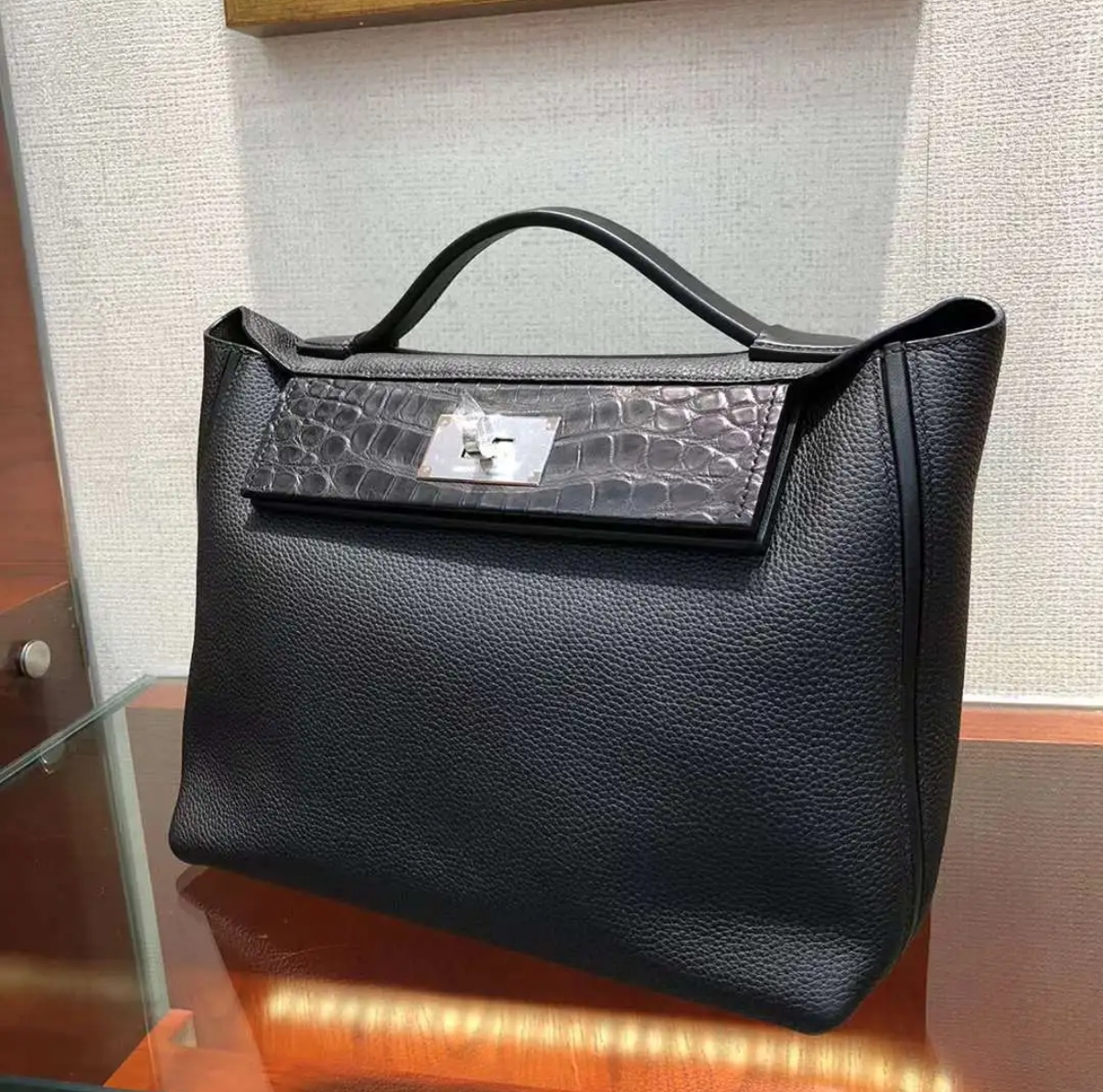 Crocodile leather patchwork cowhide 2424 Black - Artisantouchss