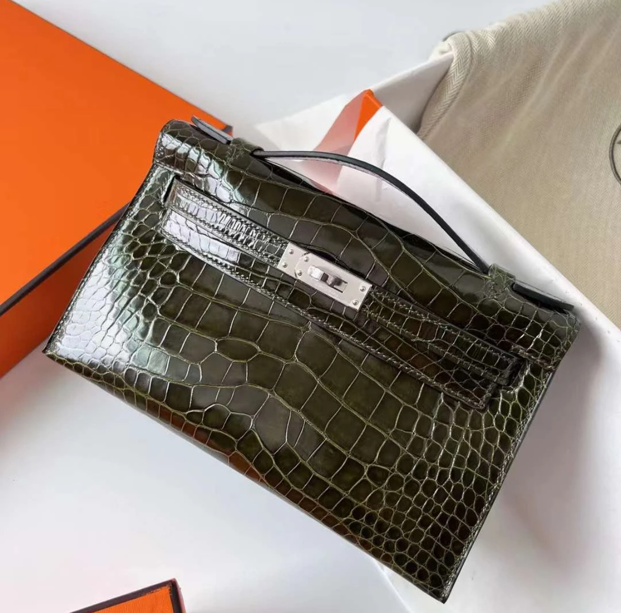 Kelly Mini 20 Olive Green crocodile leather custom - Artisantouchss