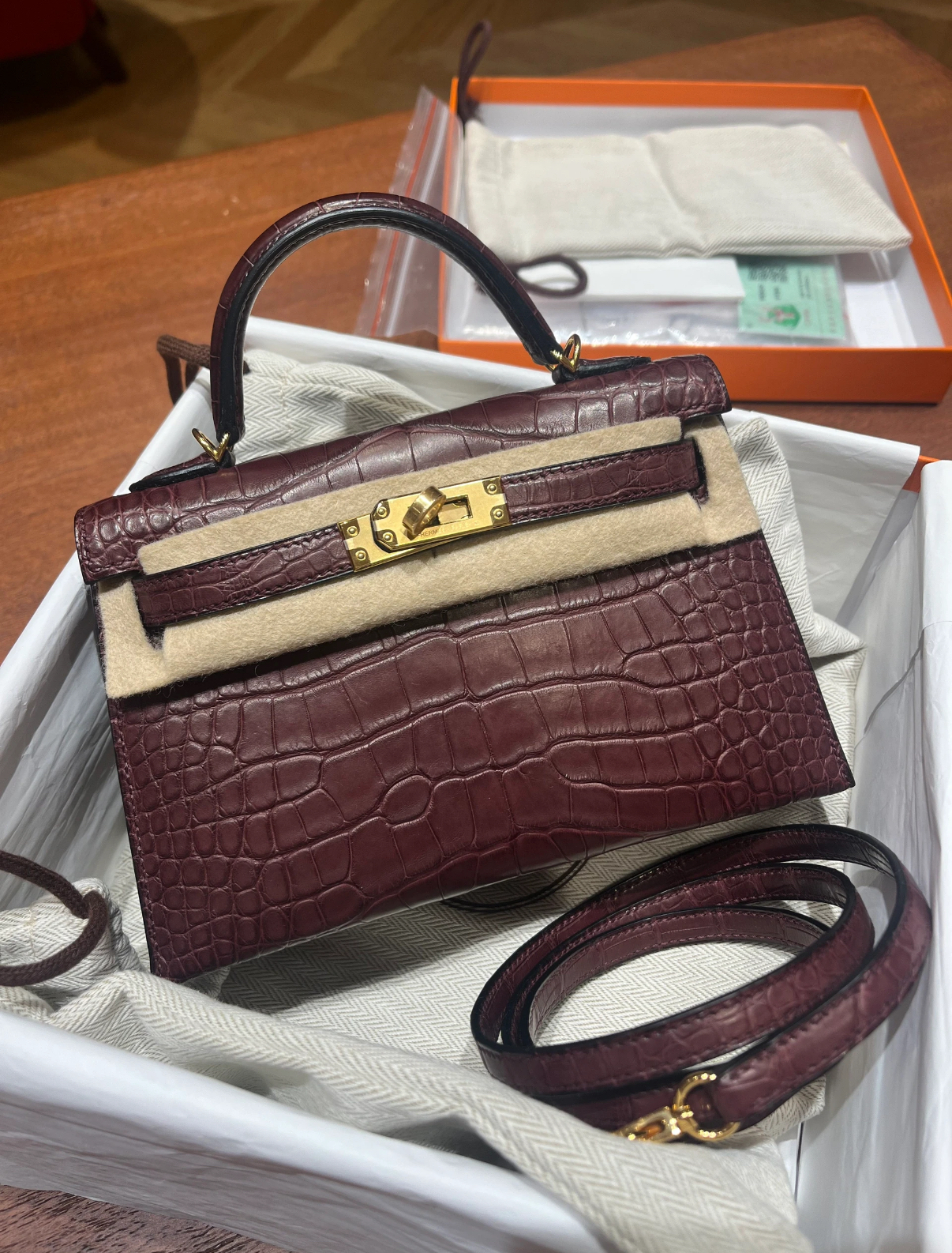 Kelly mini 20 Bordeaux red matte gold buckle  crocodile leather Custom - Artisantouchss