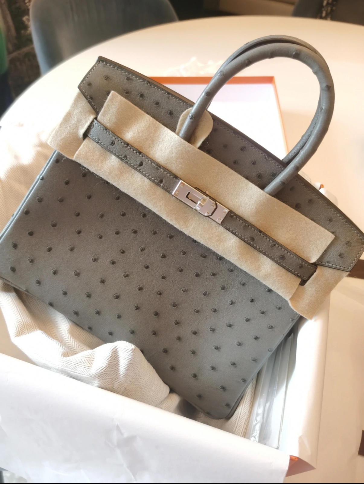 Birkin 25-35 silver Cumulonimbus clouds gray custom Ostrich leather - Artisantouchss