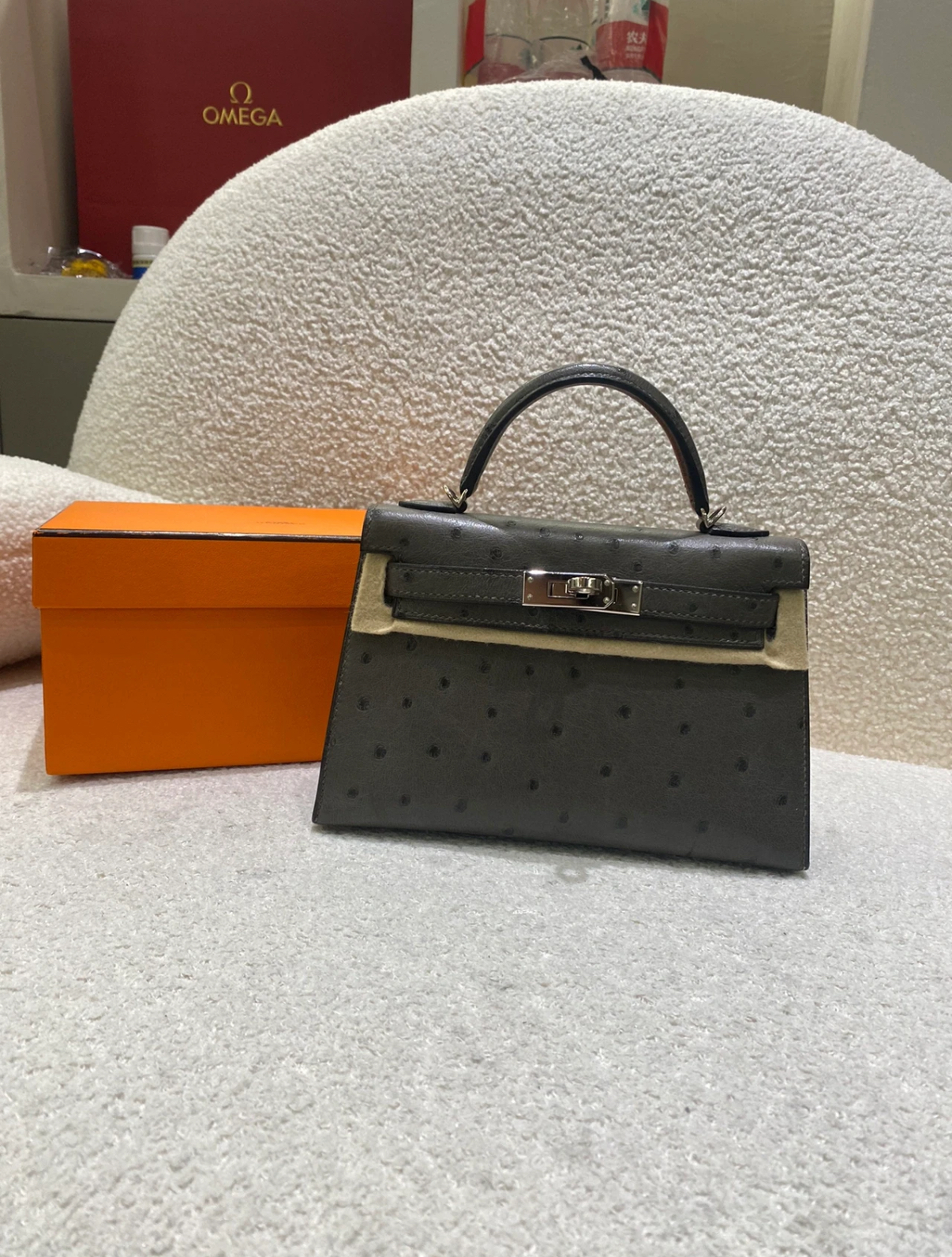 Kelly Mini 19 Pewter Grey Ostrich Leather Custom - Artisantouchss