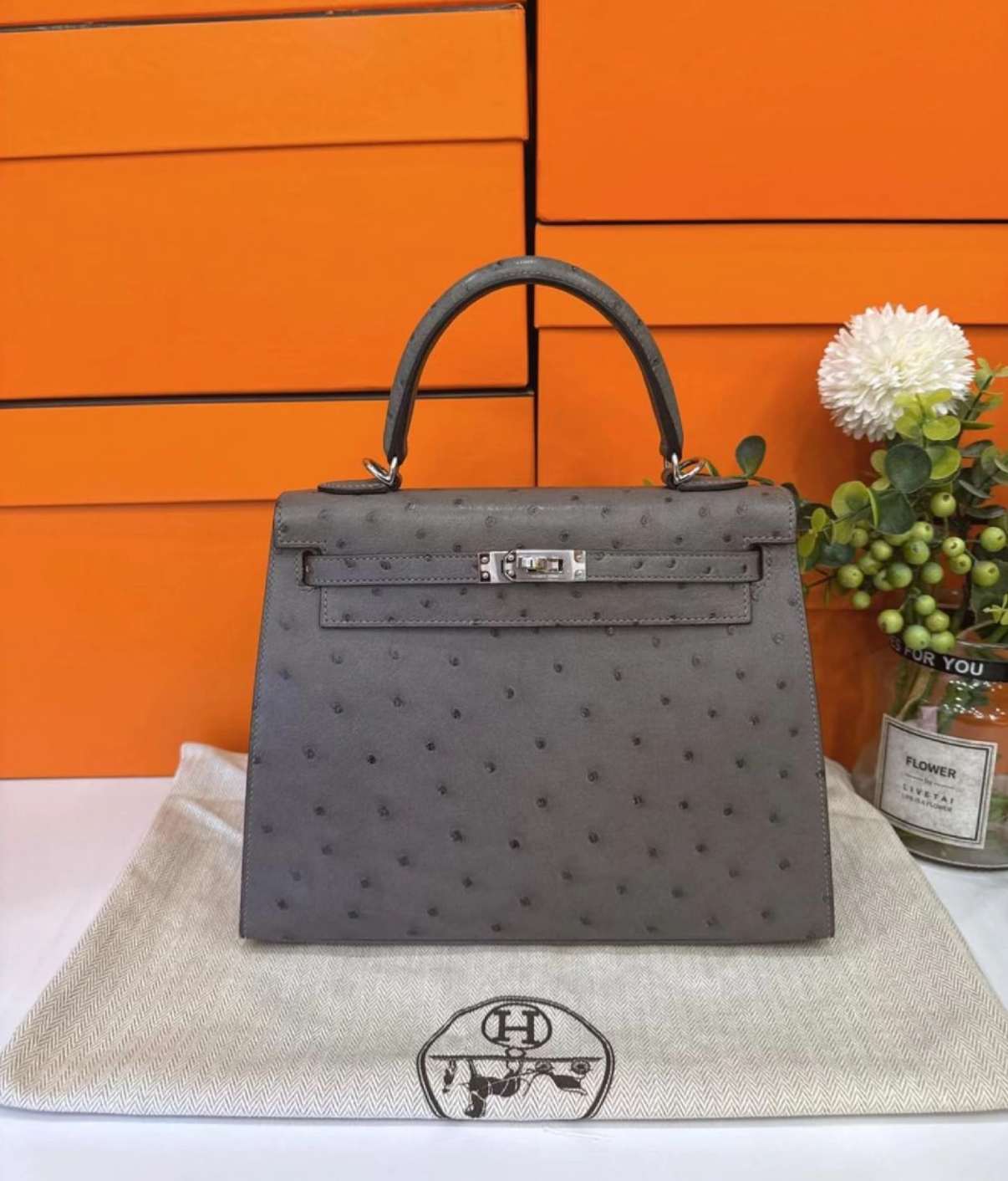 Kelly 25-28 Cumulus gray Ostrich leather custom - Artisantouchss