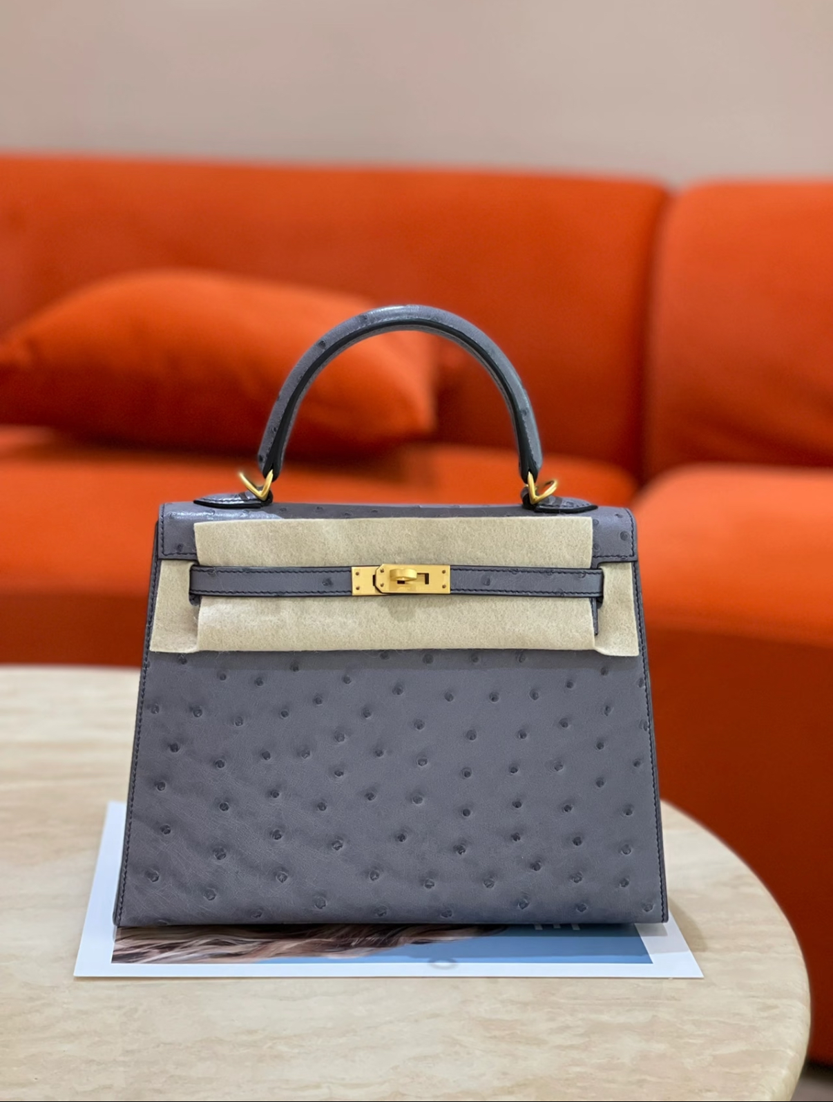 Kelly 25-28 Agate Gray Ostrich leather custom - Artisantouchss