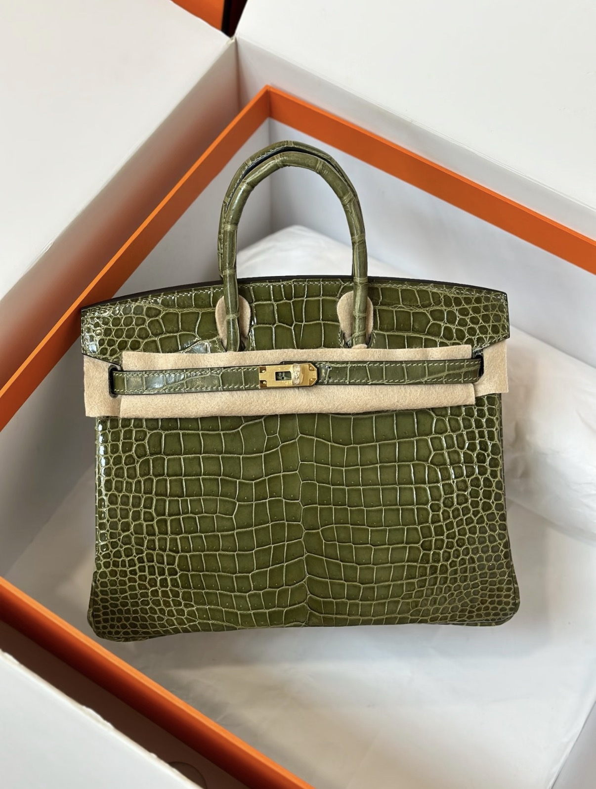 Birkin 25-35 olive green crocodile leather Custom - Artisantouchss