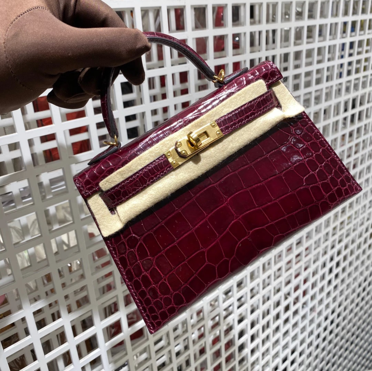 Kelly mini Bordeaux red crocodile leather Custom - Artisantouchss