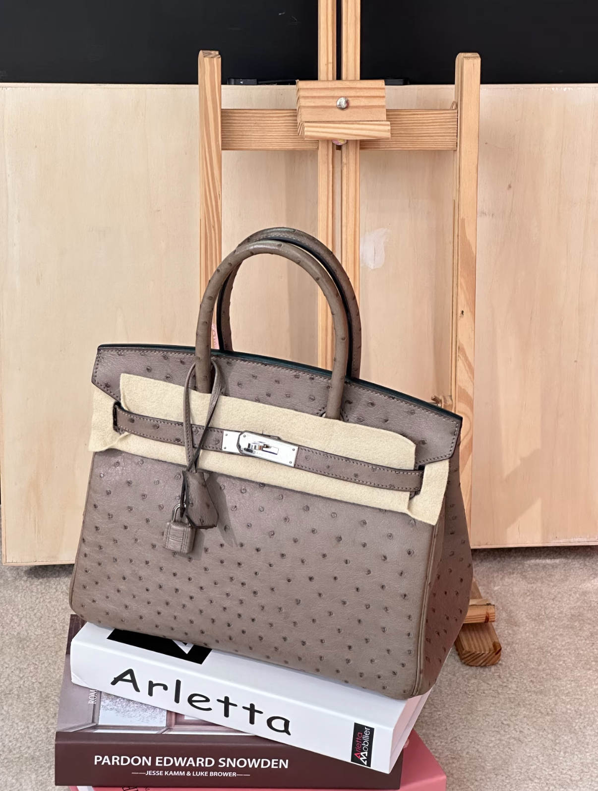 Birkin 25-35 silver Cumulonimbus clouds gray custom Ostrich leather - Artisantouchss