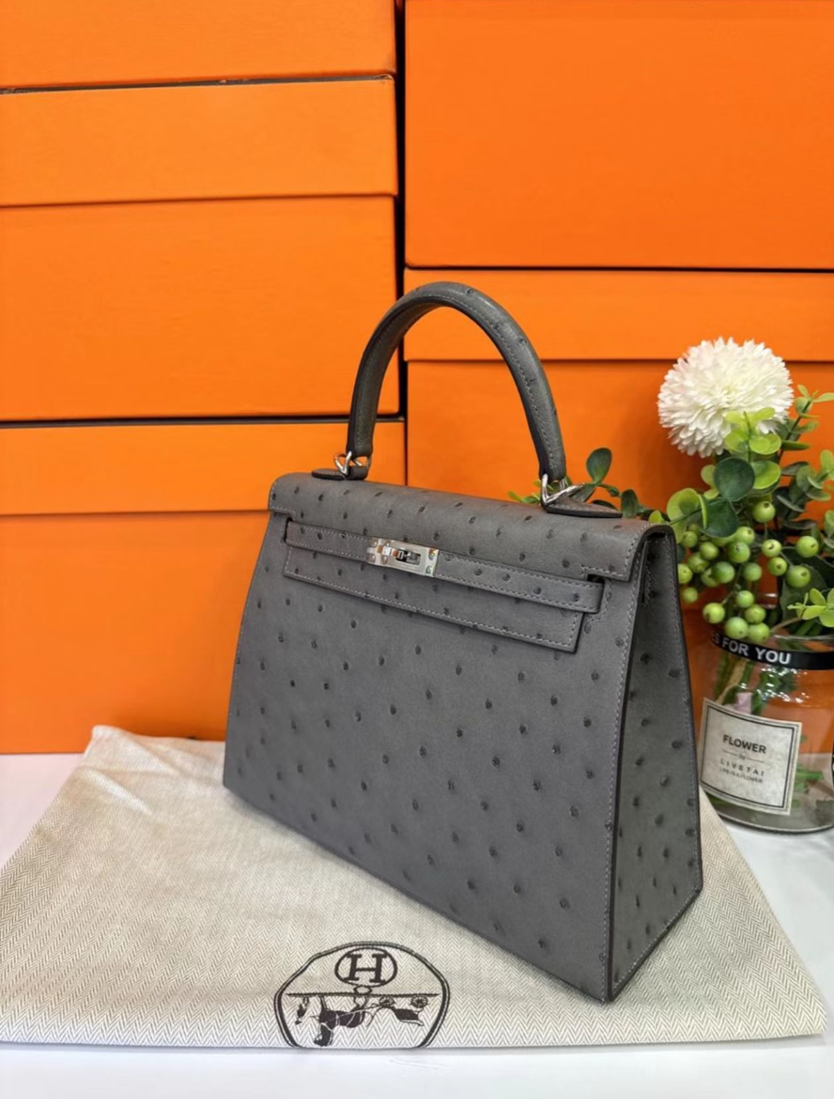 Kelly 25-28 Cumulus gray Ostrich leather custom - Artisantouchss