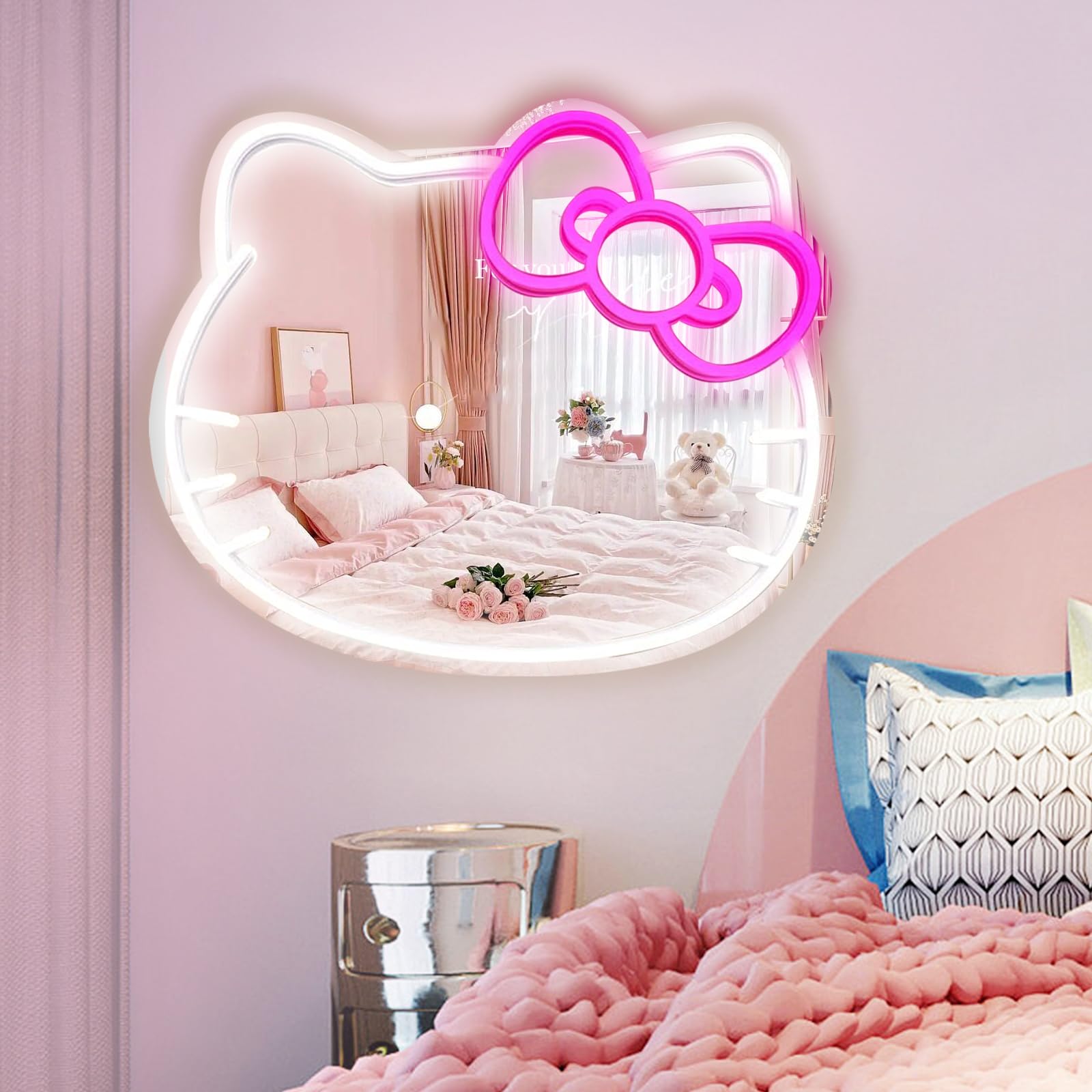 Anime Hello Kit Mirror with Light Neon Signs for Wall Decor, Teen Girl Gift，Makeup Mirror neon Sign Room Decor (14.6 * 12.2 inch)
