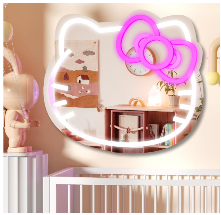 Anime Hello Kit Cat Neon Sign Mirror L16.1 W14 Vanity Mirror with Lights Bedroom Wall Mirror for Pink Room Decor and a Makeup Mirror with Lights Teen Girl Gifts