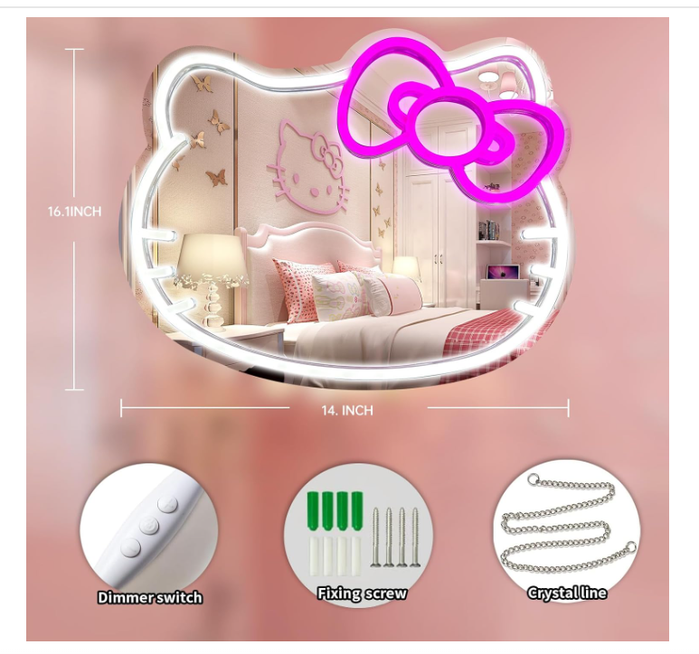 Anime Hello Kit Mirror with Light Neon Signs for Wall Decor, Dimmable for Teen Girl Gift，Makeup Mirror neon Sign Room Decor (16.1 * 14 inch)