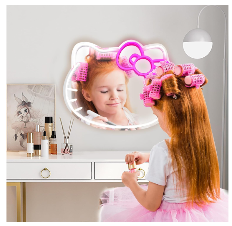 Anime Hello Kit Mirror with Light Neon Signs for Wall Decor, Teen Girl Gift，Makeup Mirror neon Sign Room Decor (9.4 * 11.9 inch)